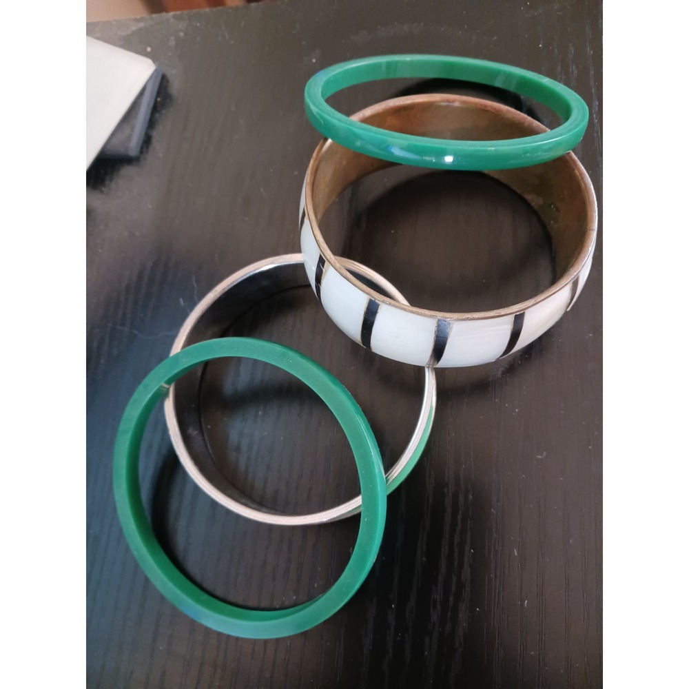 Vintage Bangle Bracelet Set Green Enamel Silver Tone Cream Striped 4 Piece Stack